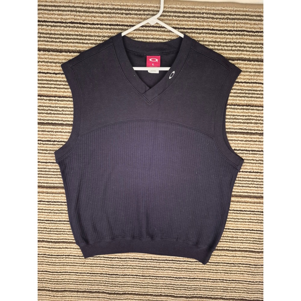 Oakley Mens V-Neck Sweater Vest‎ Black Cotton Ribbed Knit Metal Logo Large VTG